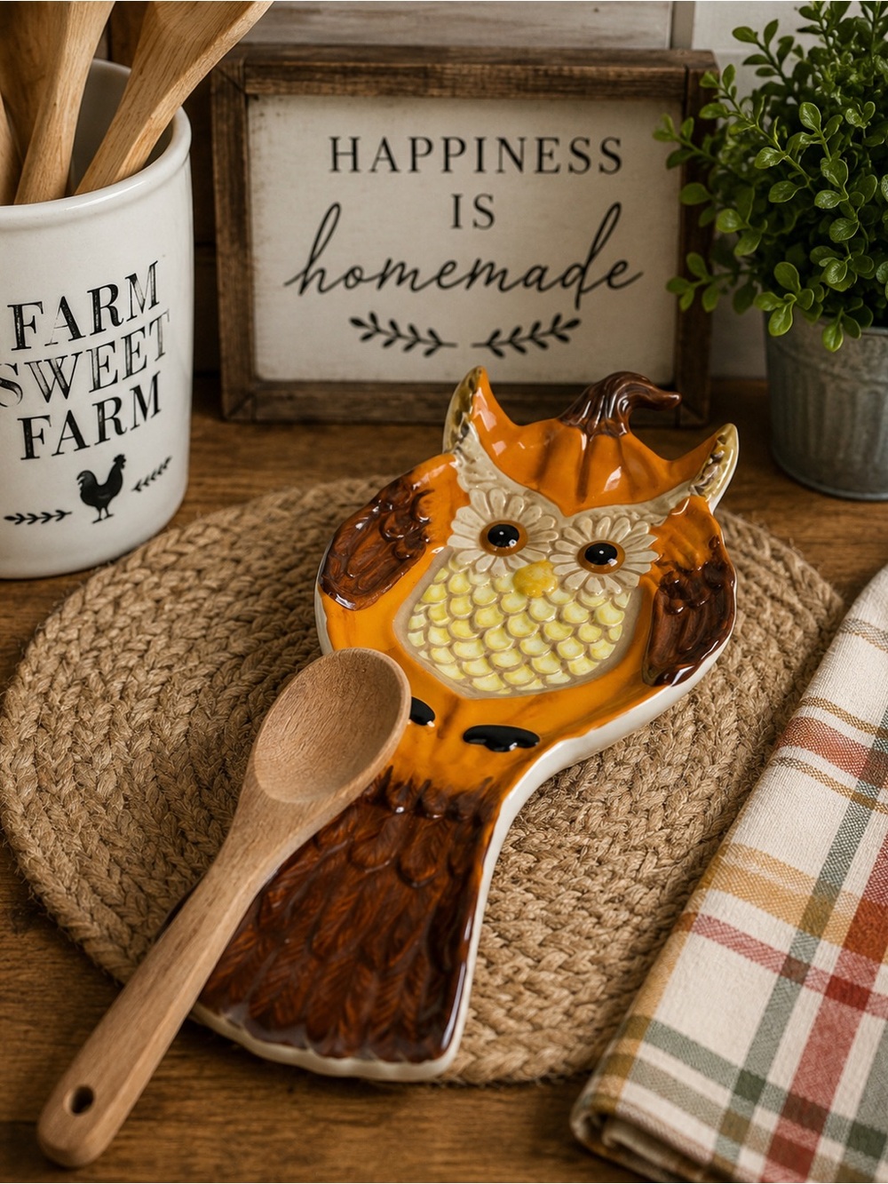 Cracker Barrel Stoneware Owl Spoon Rest Fall Harvest Kitchen Decor Ceramic Owl
